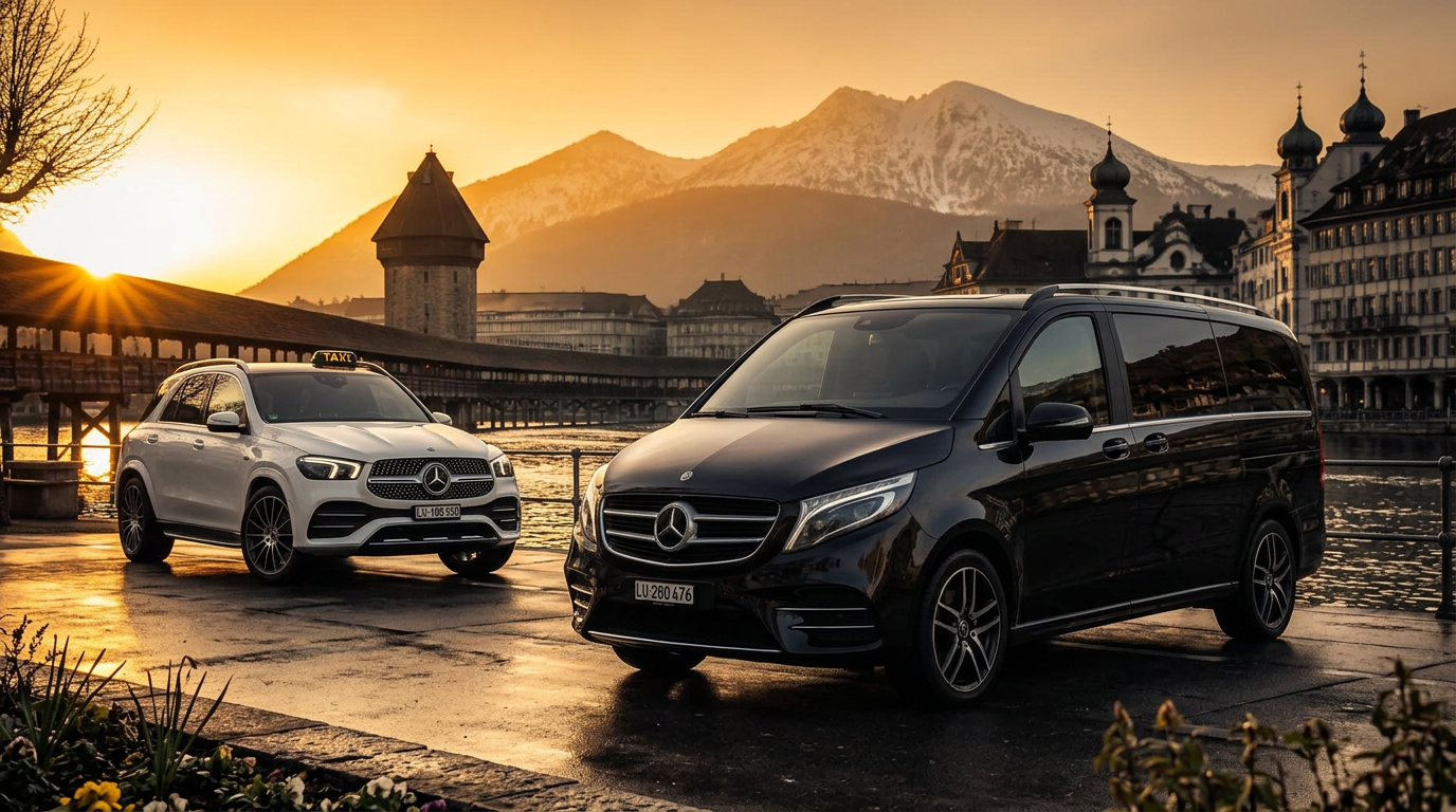 Mercedes-Benz V-Klasse und Mercedes-Benz GLE 450 Taxi von Safari Taxi in Luzern an der Reuss mit Kapellbrücke